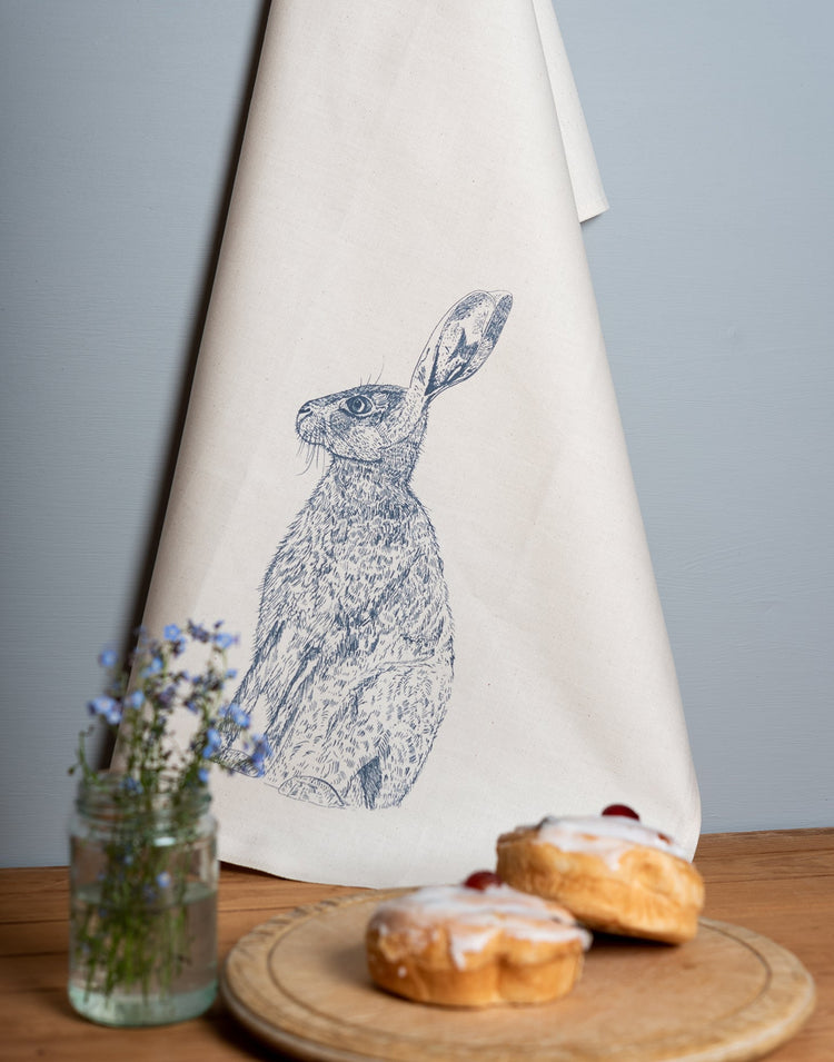 Wildlife tea towels by Lottie Day with handprinted hare and dahlia designs – inspired by the Norfolk countryside