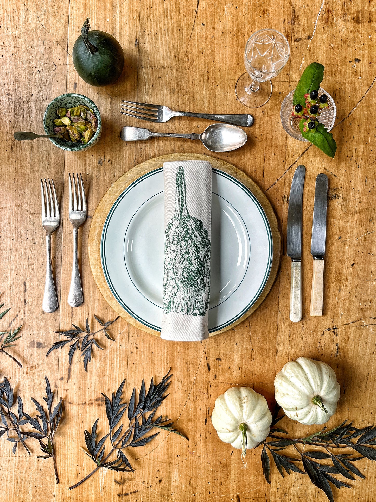 Squash napkin set by Lottie Day featuring six screen-printed designs inspired by Norfolk allotment squash varieties including Butternut and Turban