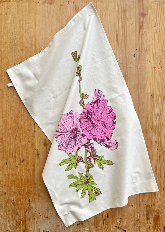 Hollyhocks tea towel by Lottie Day featuring a screen-printed floral line drawing on 100% cotton
