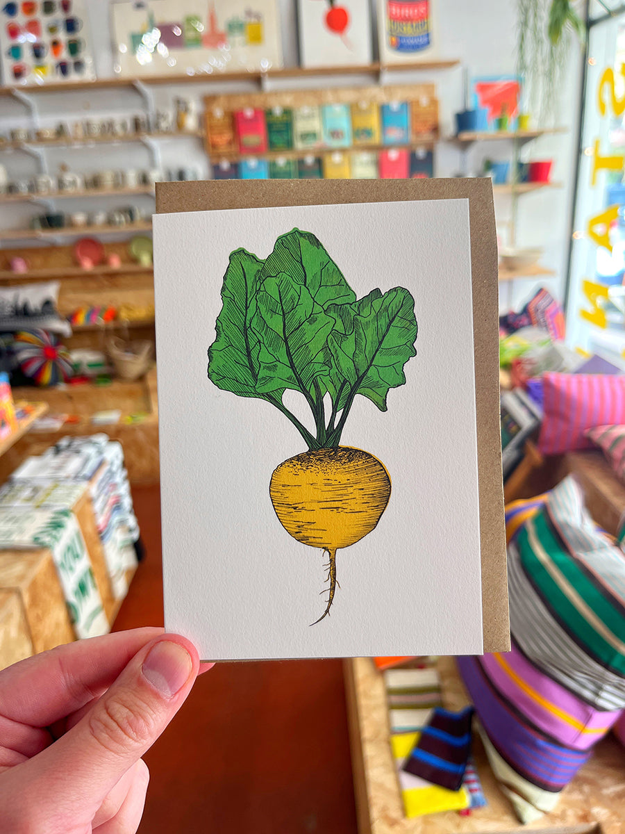 Golden Beet greetings card by Lottie Day featuring a digital print of her original golden beetroot screen-printed artwork