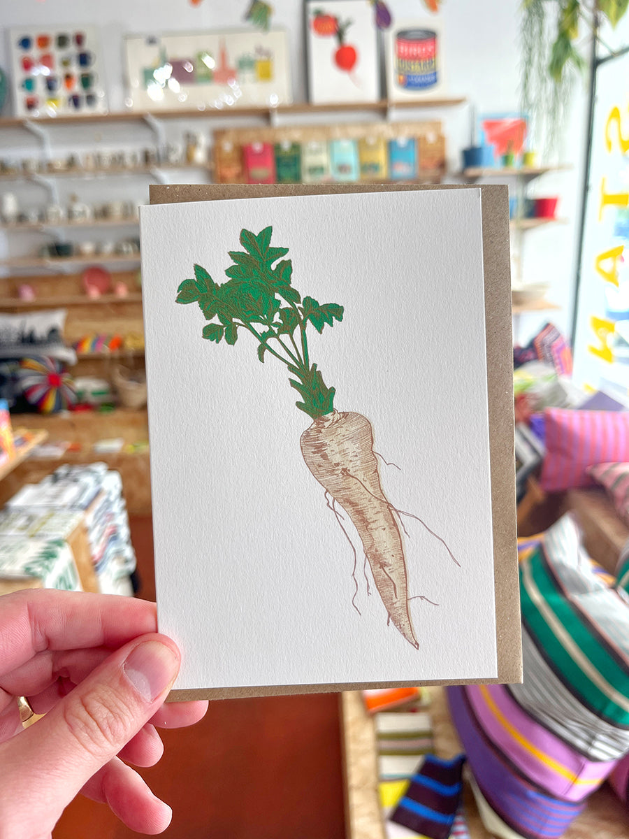 Parsnip greetings card by Lottie Day featuring a digital version of her original screen-printed parsnip design