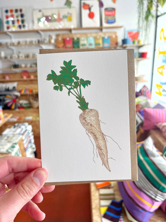 Parsnip greetings card by Lottie Day featuring a digital version of her original screen-printed parsnip design