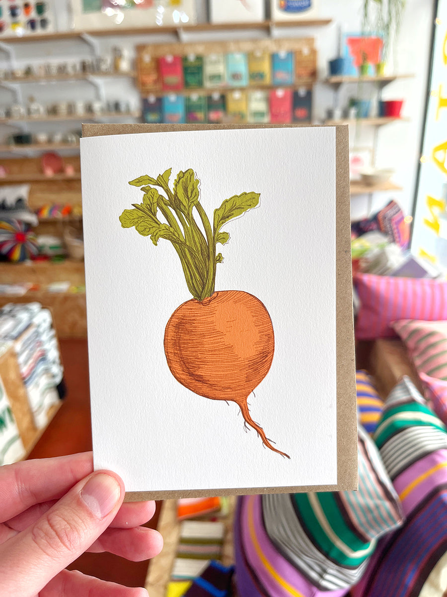 Orange Swede greetings card by Lottie Day with digital print of original orange swede screen-printed illustration