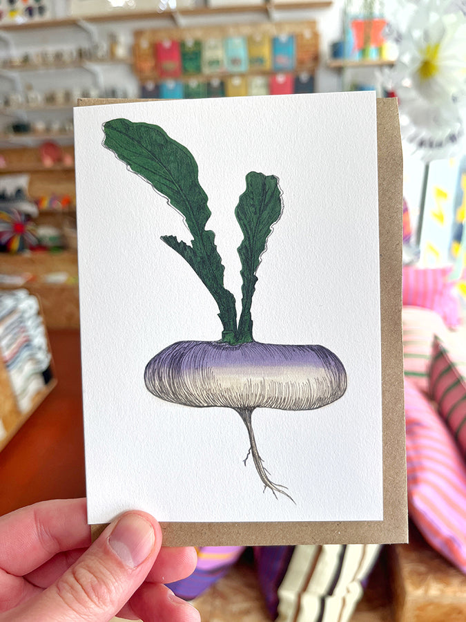 Purple Turnip greetings card by Lottie Day with digital artwork from her original screen-printed vegetable design