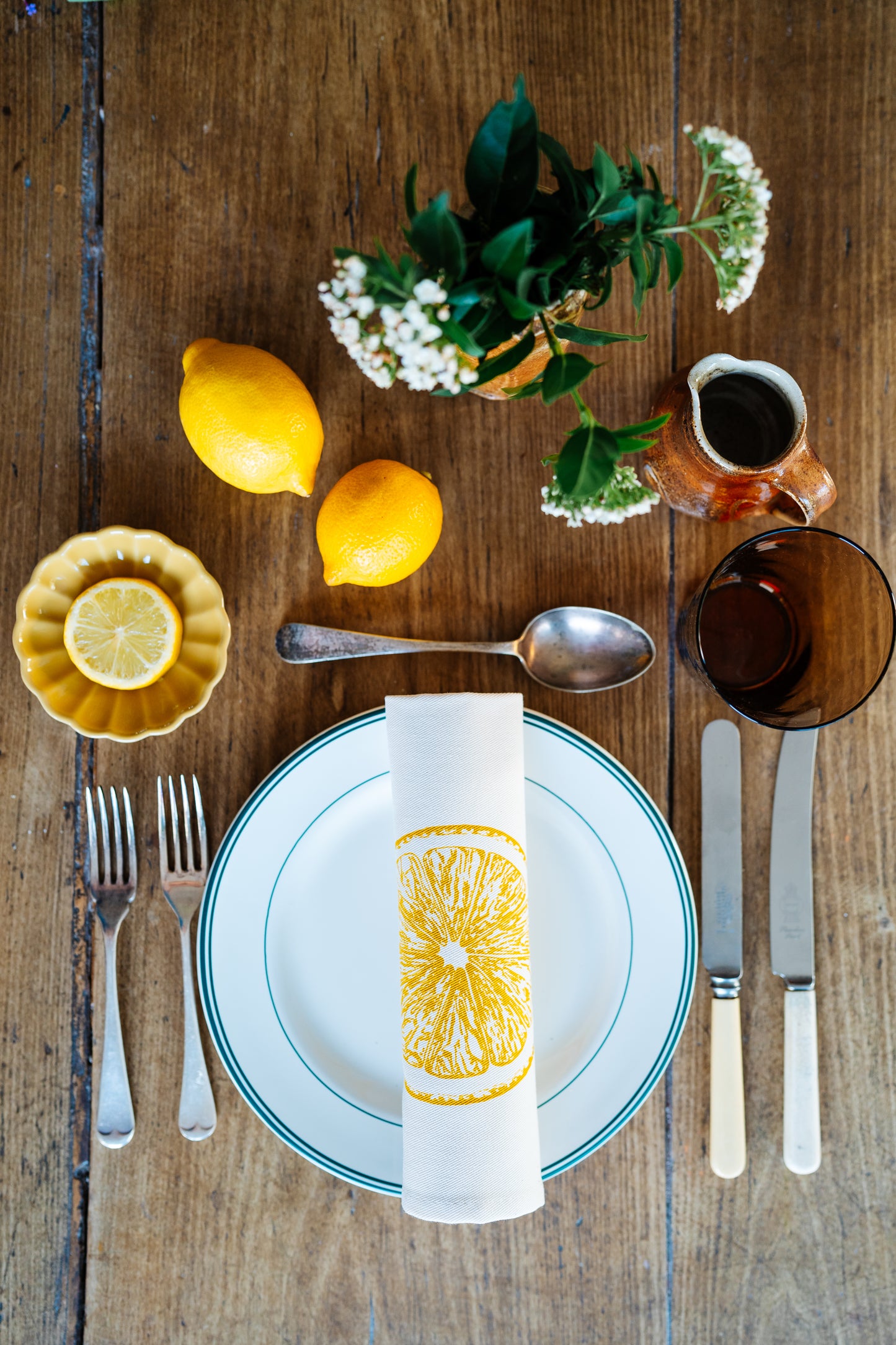 Seafood napkin gift set by Lottie Day featuring handprinted crab, blue lobster, prawn, mackerel, samphire and lemon illustrations on cotton napkins