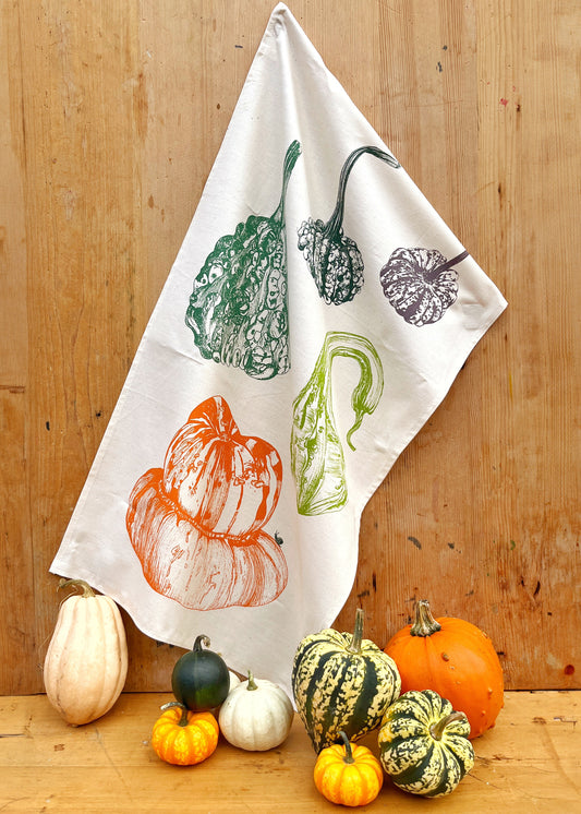 Squash tea towel by Lottie Day featuring original screen-printed illustrations of Crookneck, Turban, Hubbard, Sweet Dumpling and Knucklehead squash