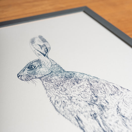 Blue Hare print by Lottie Day – limited edition handprinted wildlife wall art inspired by countryside hares