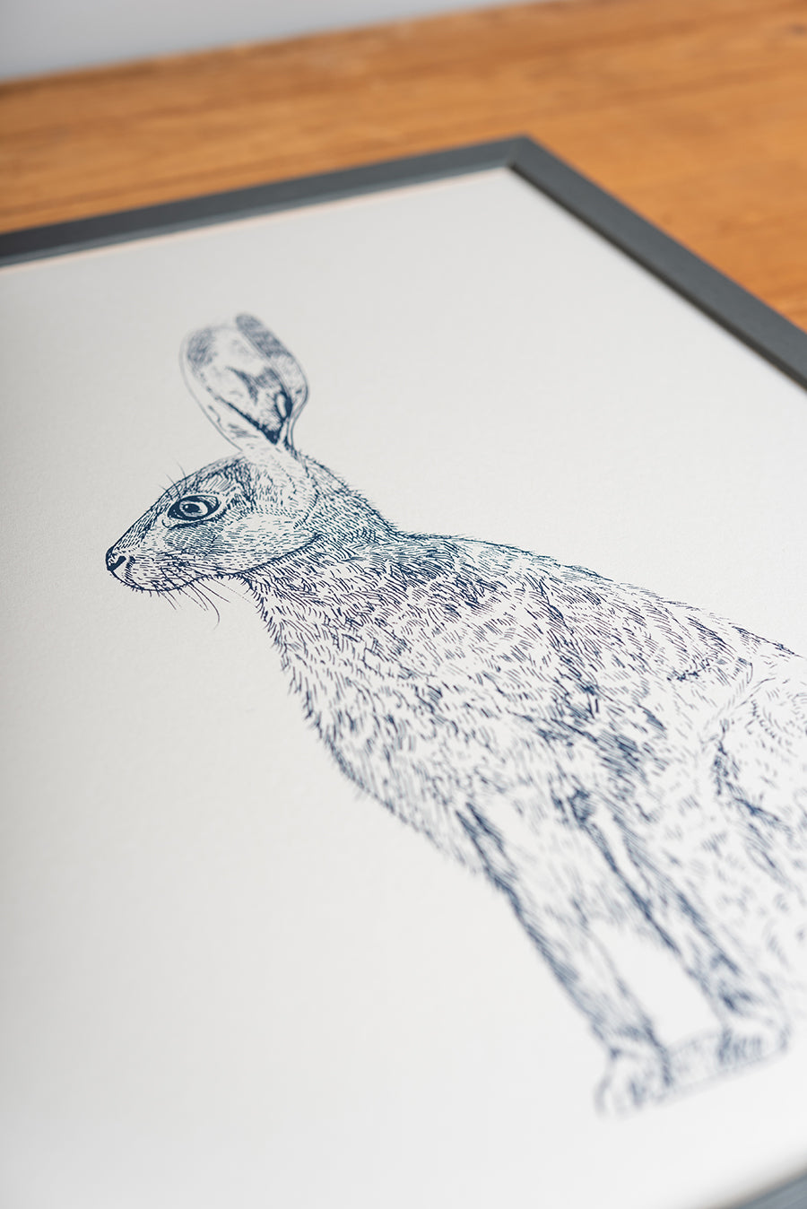 Blue Hare print by Lottie Day – limited edition handprinted wildlife wall art inspired by countryside hares