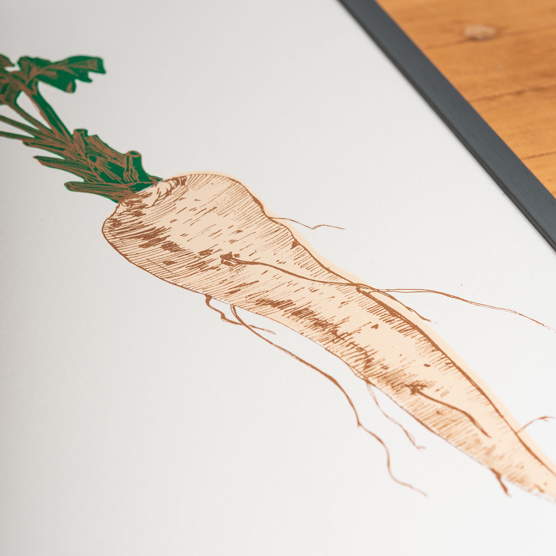 Parsnip vegetable print by Lottie Day – handmade silk screen wall art featuring Norfolk-inspired cream parsnip illustration