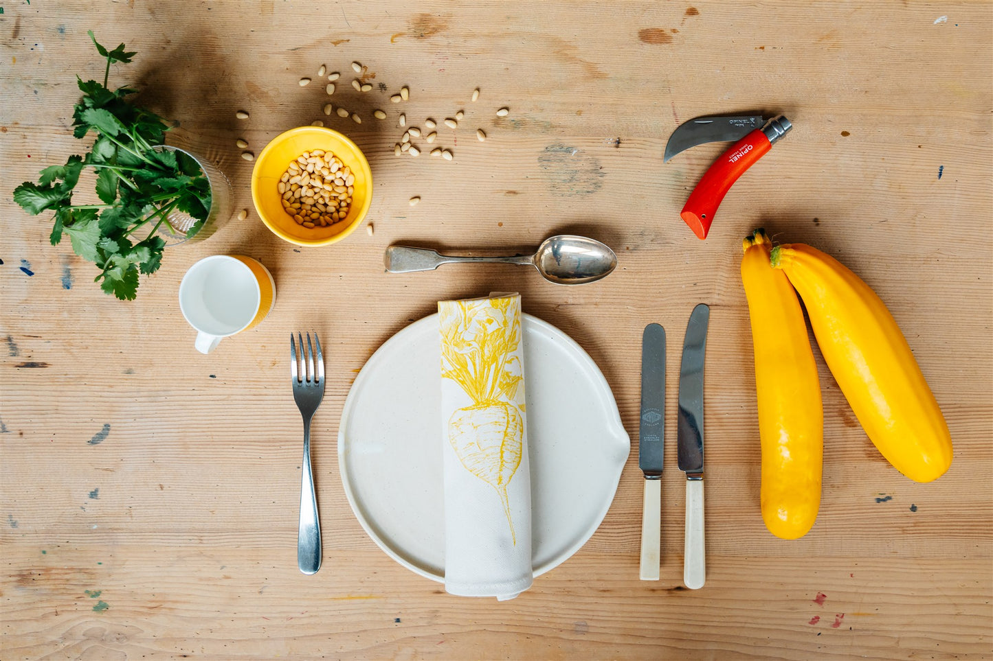 Allotment vegetable napkin set by Lottie Day - handmade cotton napkins featuring screen-printed garden vegetables including beetroot and leek