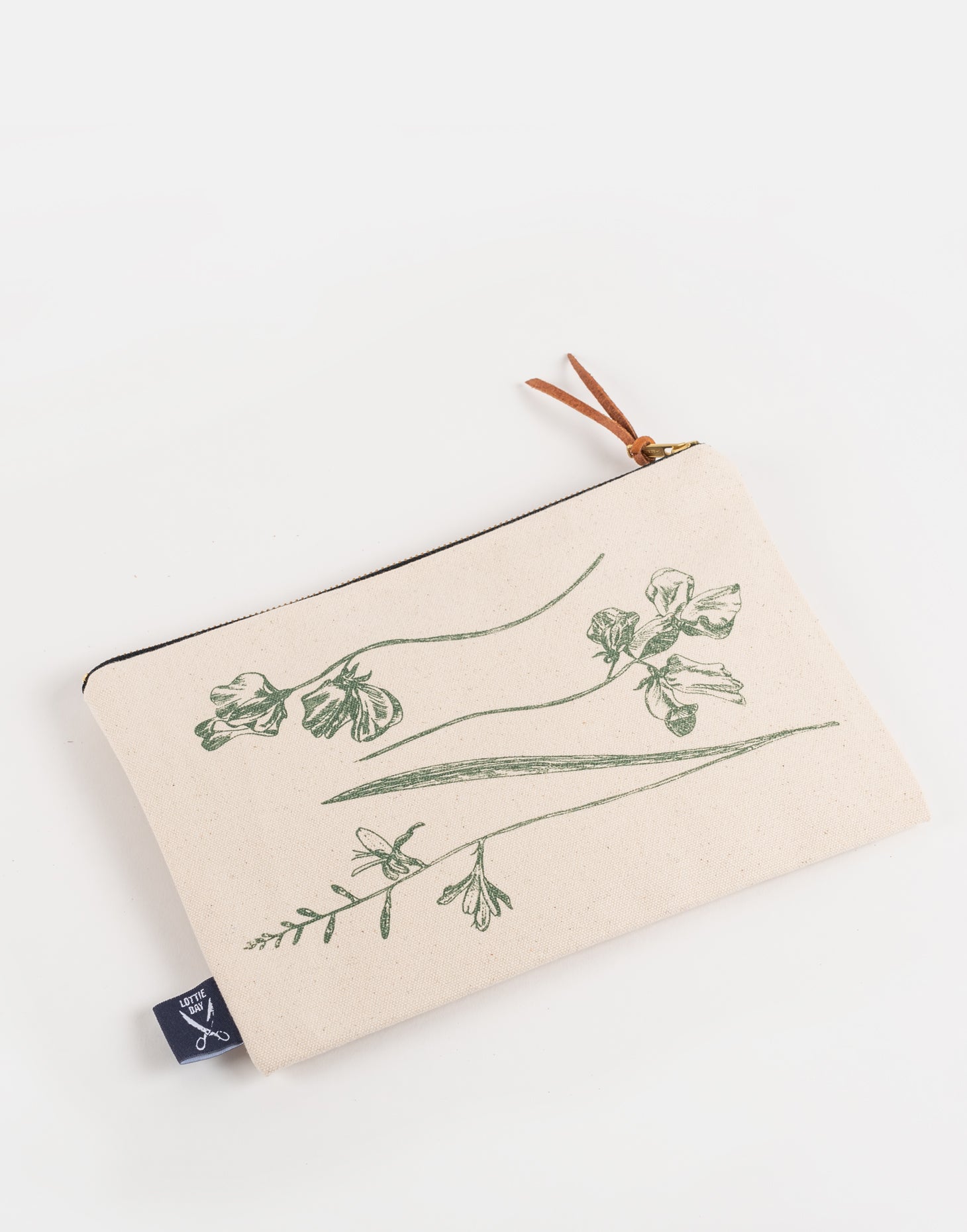 Garden flowers zipper pouch by Lottie Day – handmade cotton canvas bag with floral screen-printed design, inspired by Norfolk gardens