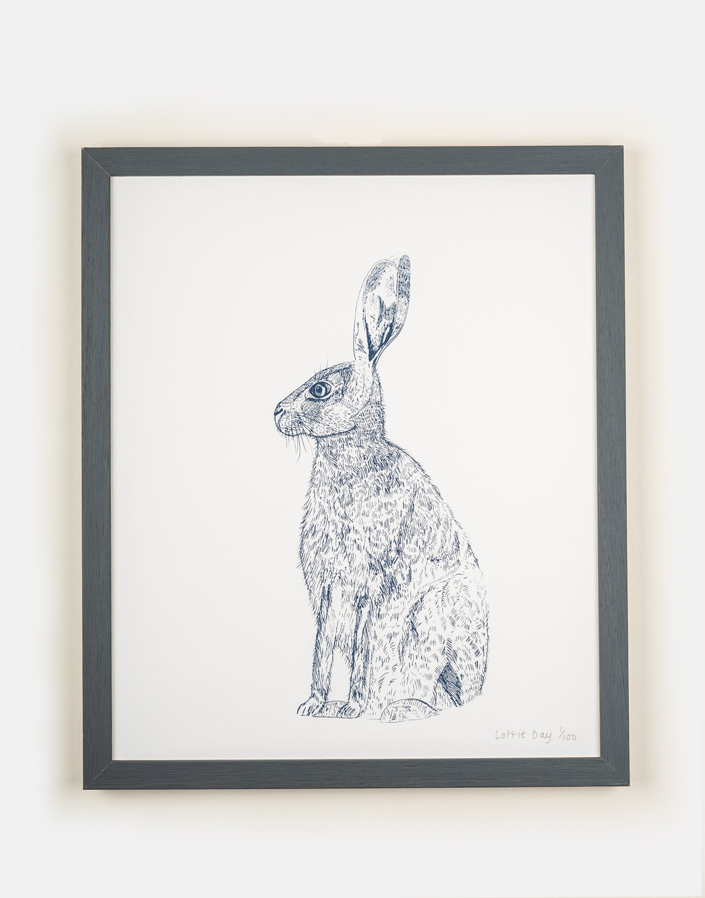 Blue Hare print by Lottie Day – limited edition handprinted wildlife wall art inspired by countryside hares