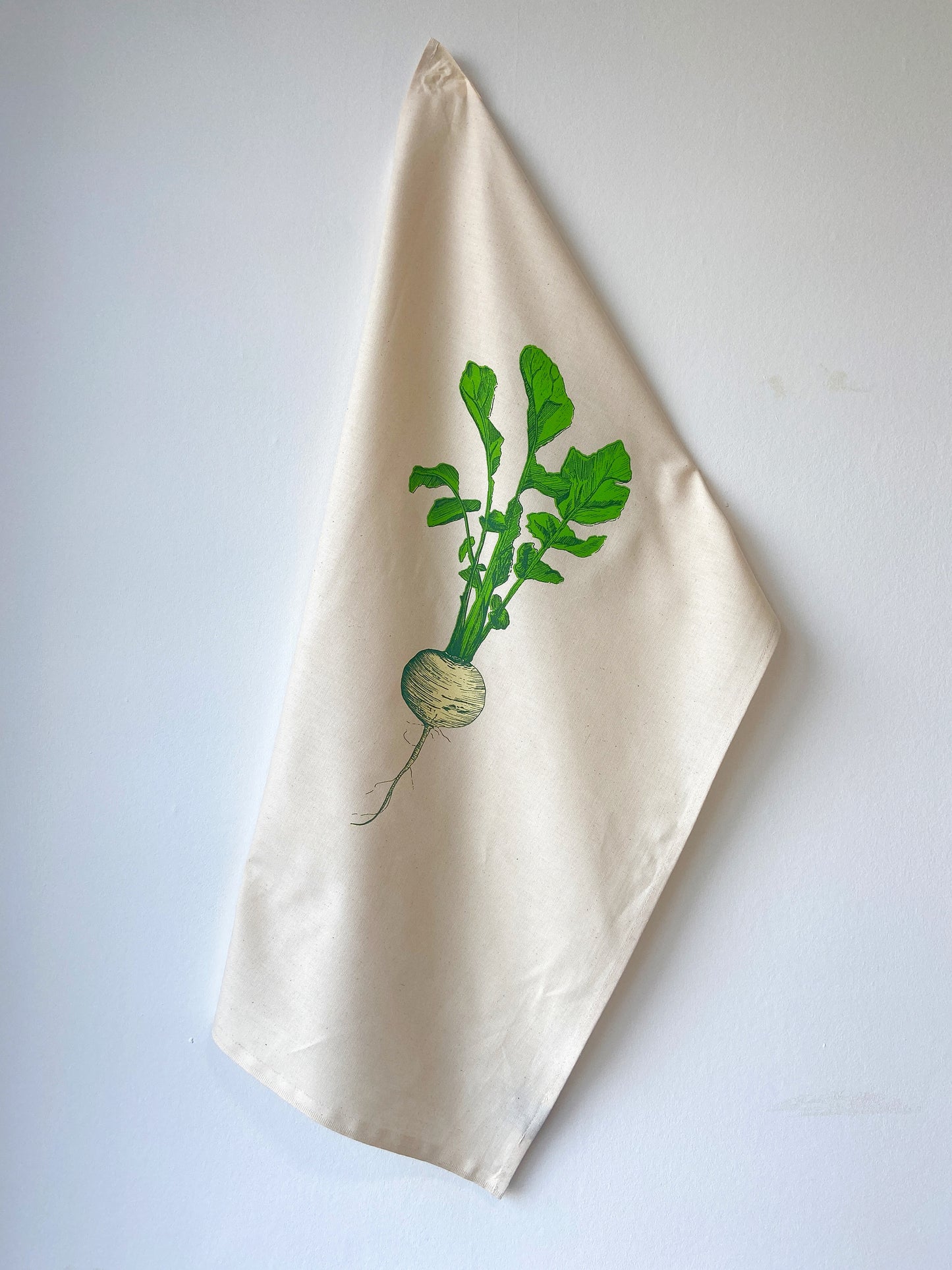 Neep tea towel by Lottie Day with golden beet illustration - handmade cotton kitchenware inspired by Norfolk allotment vegetables
