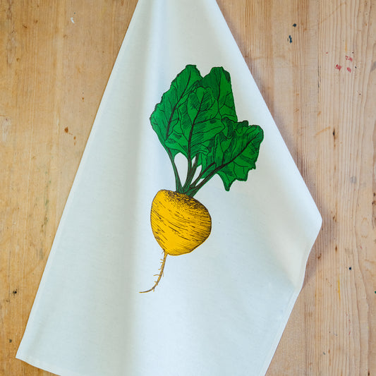 Golden Beet tea towel by Lottie Day – handprinted on cotton with allotment-inspired vegetable illustration, perfect for gardeners and cooks