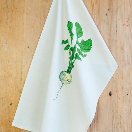 Neep tea towel by Lottie Day with golden beet illustration - handmade cotton kitchenware inspired by Norfolk allotment vegetables
