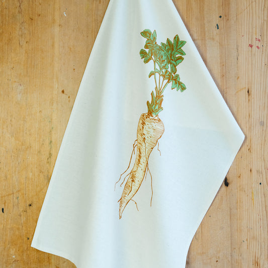 Parsnip vegetable tea towel by Lottie Day – hand-printed cotton dish towel featuring cream parsnip illustration, inspired by Norfolk allotments
