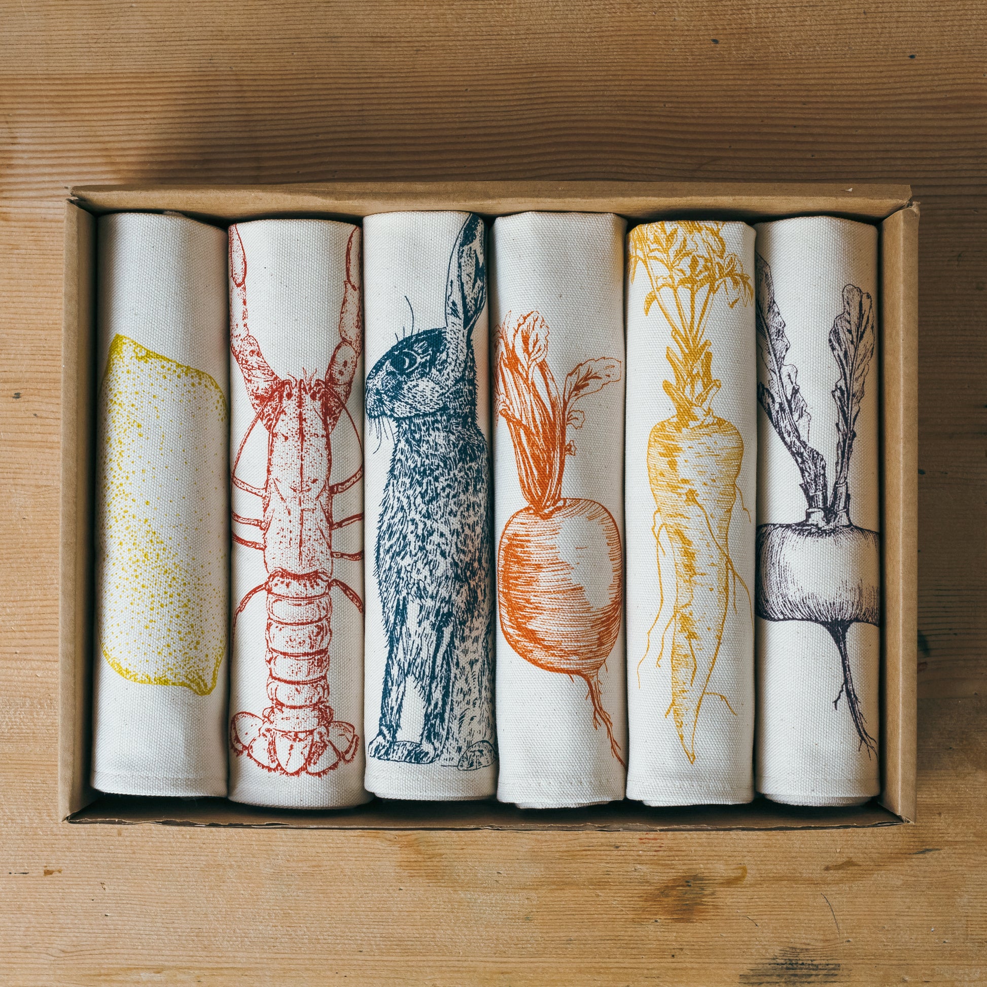 Mixed napkin gift set by Lottie Day – handmade cotton napkins with customisable wildlife and vegetable prints, boxed and screen-printed in Norfolk
