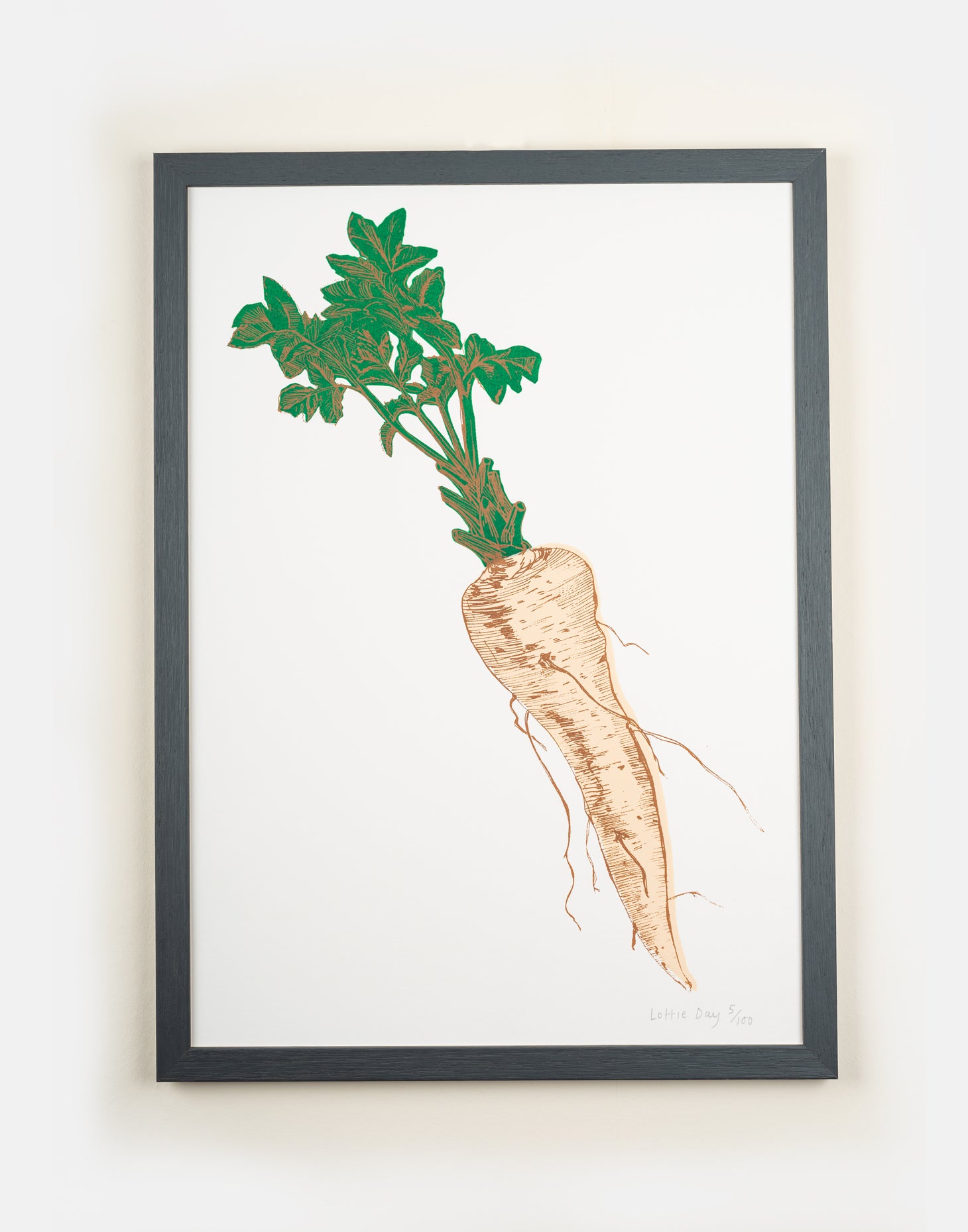 Parsnip vegetable print by Lottie Day – handmade silk screen wall art featuring Norfolk-inspired cream parsnip illustration