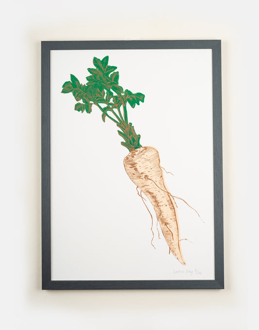 Parsnip vegetable print by Lottie Day – handmade silk screen wall art featuring Norfolk-inspired cream parsnip illustration