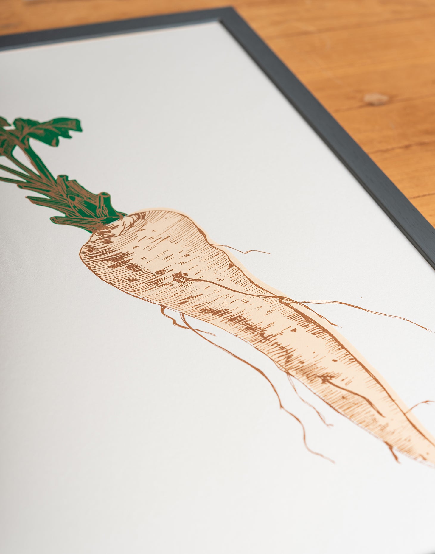Parsnip vegetable print by Lottie Day – handmade silk screen wall art featuring Norfolk-inspired cream parsnip illustration