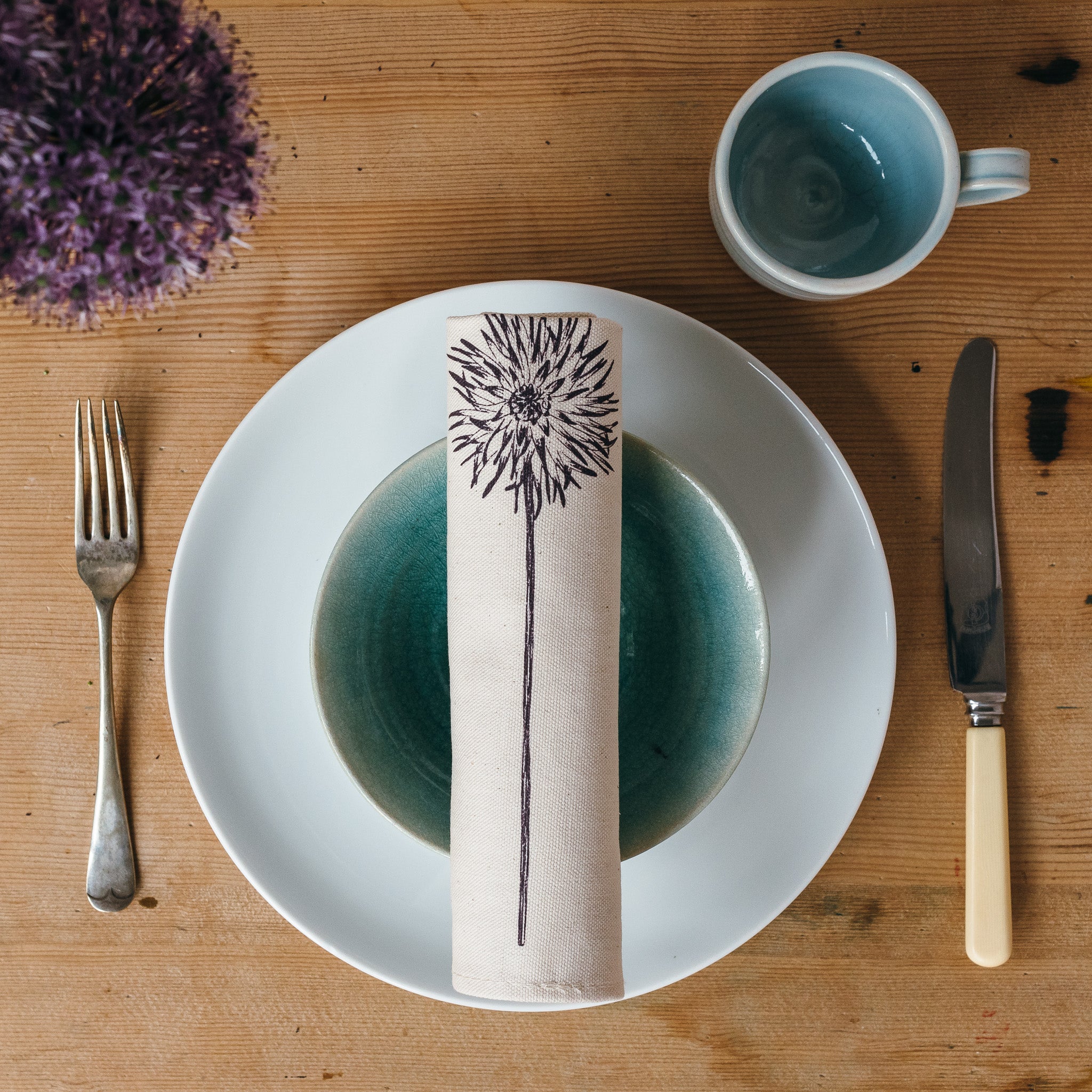 handmade printed gardening purple dahlia flowers napkin gift place setting 