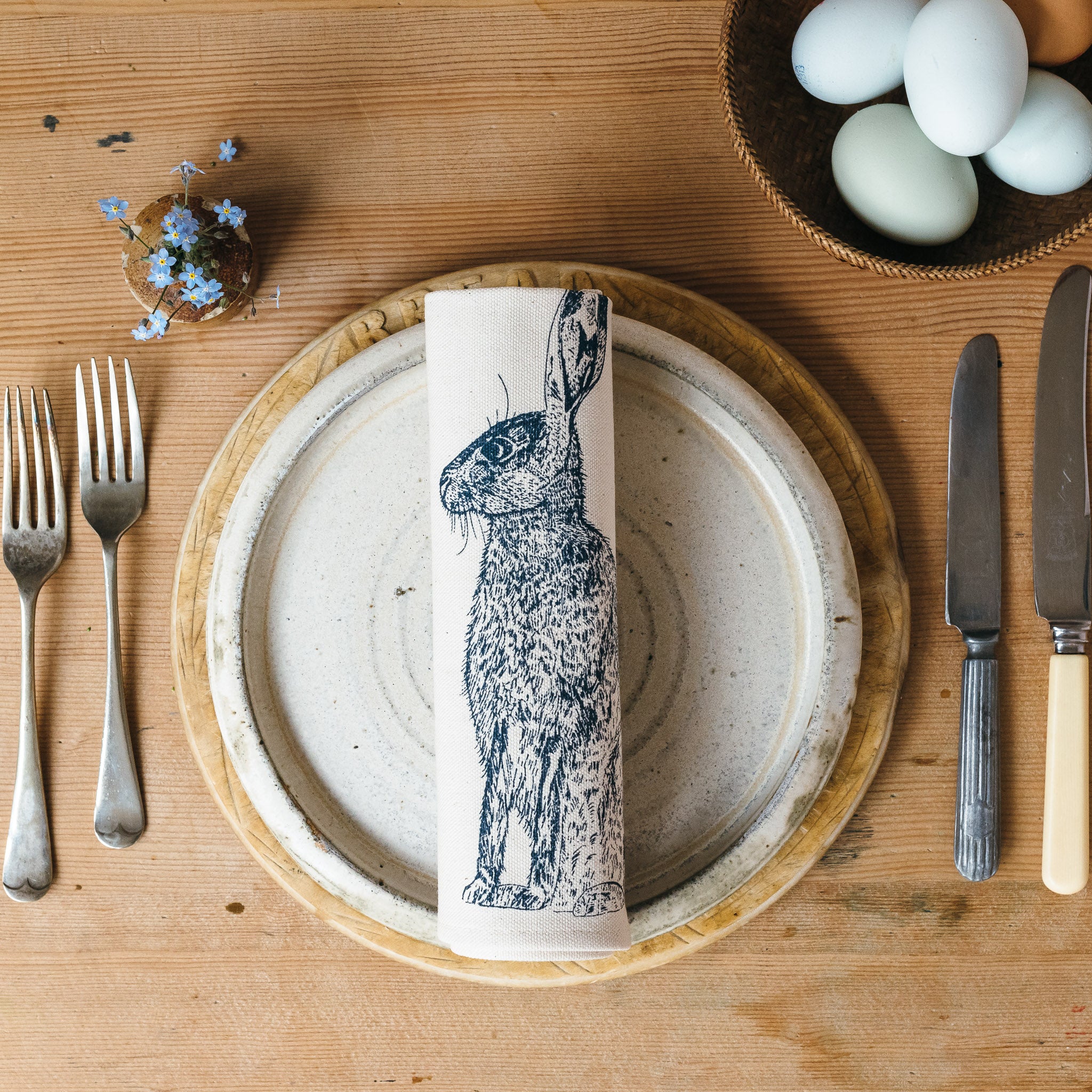 blue hare printed napkin table place setting