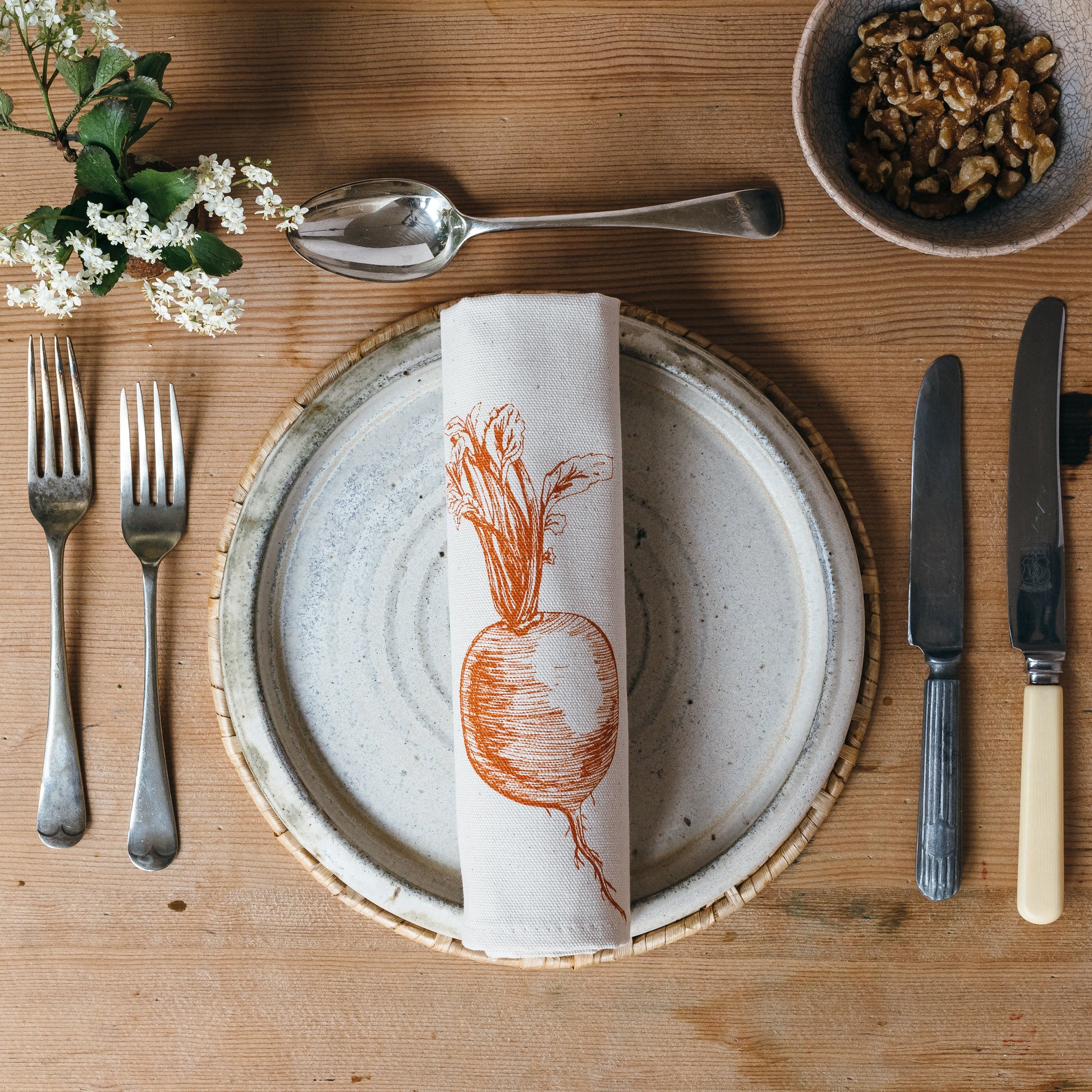 handmade printed orange gardening vegetables napkin table place setting