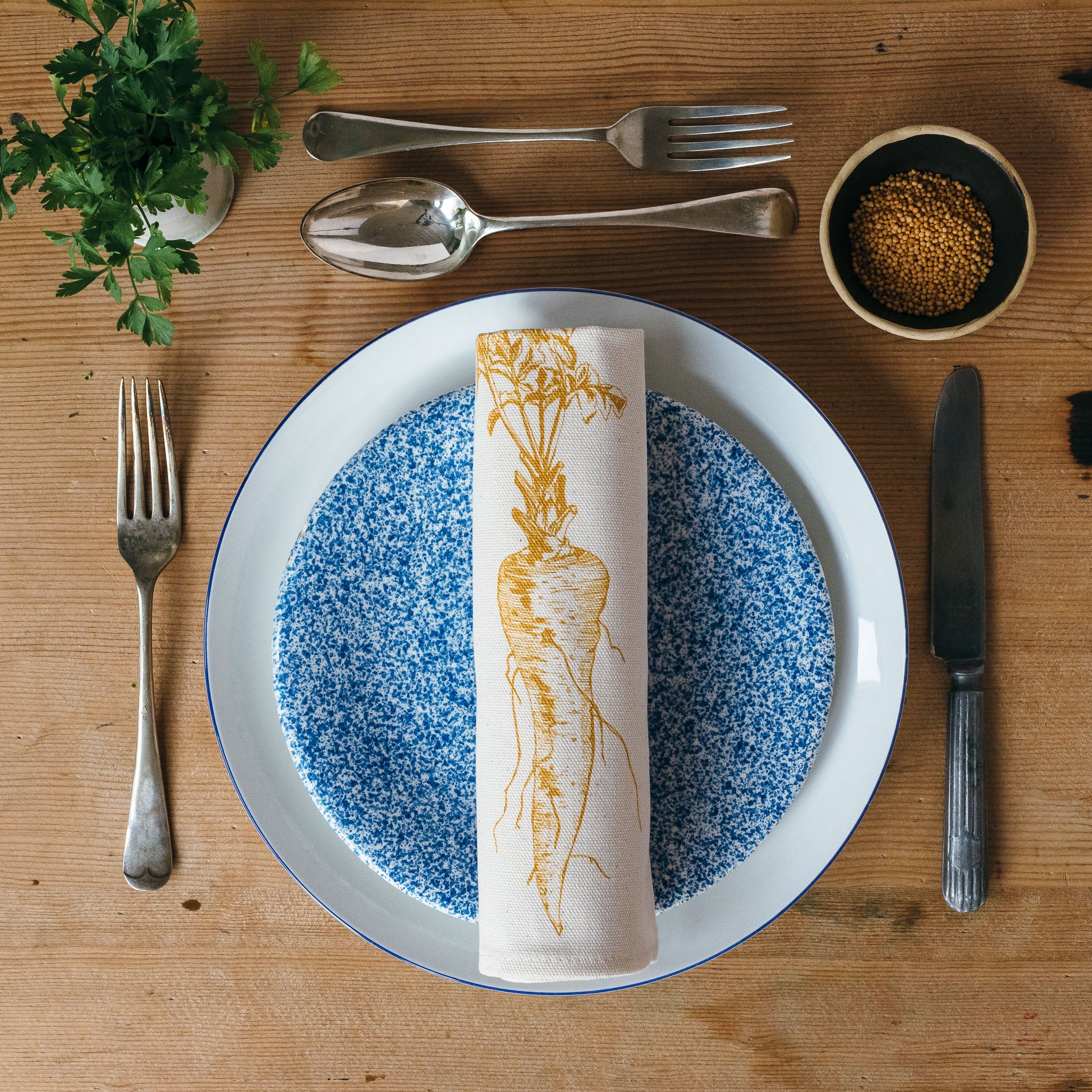 handmade printed parsnip gardening vegetables napkin table place setting