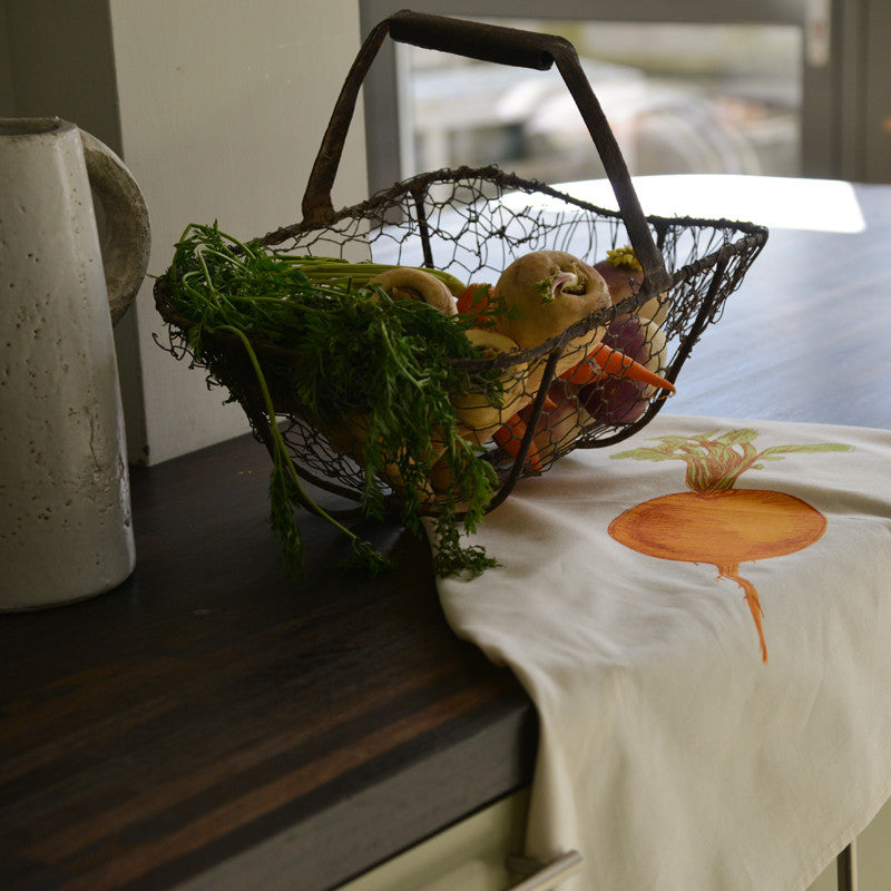 orange turnip printed cotton tea towel