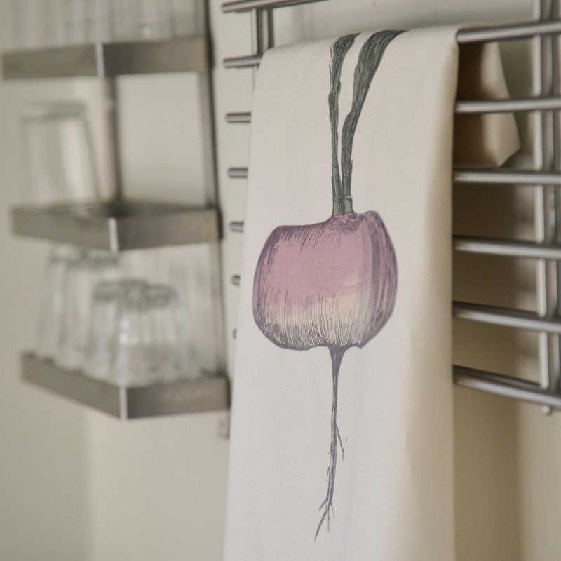 garden purple turnip allotment vegetable printed cotton tea towel