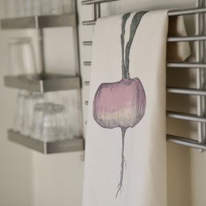 garden purple turnip allotment vegetable printed cotton tea towel