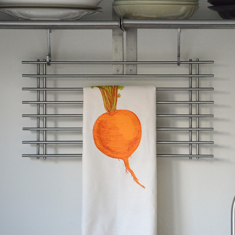 orange turnip printed cotton tea towel