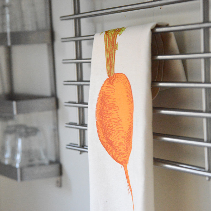 orange turnip printed cotton tea towel