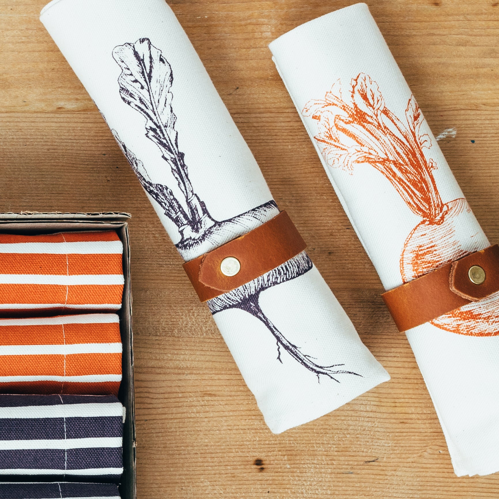 handmade printed gardening vegetables napkin gift leather ring